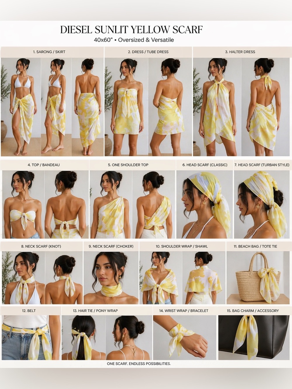 Diesel Sunlit Yellow Scarf Sarong Oversized 40x60 Head Scarf Wrap Beach Cover - Picture 7 of 7